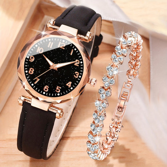Lässiges Eleganz-Set – Quarzuhr mit PU-Lederarmband